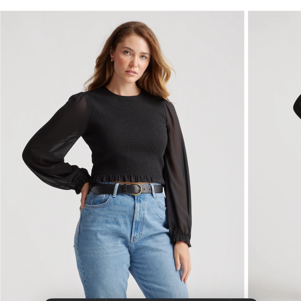 Black Smocked Peasant Blouse with Sheer Long Sleeves